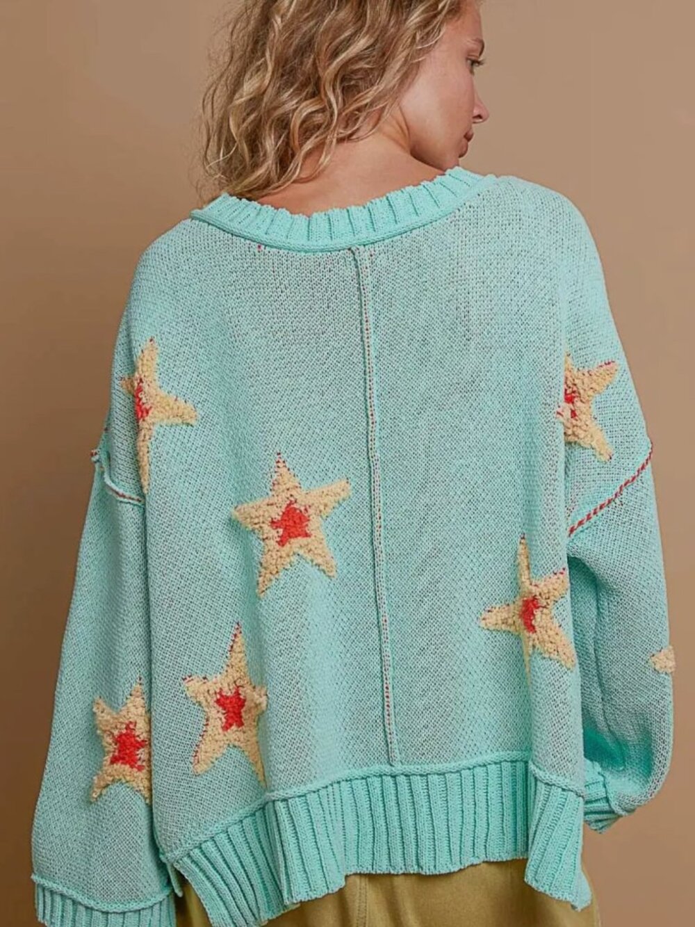 POL Star Berber Patch Paradise Mint V Neck Long Sleeve Sweater - Picture 3 of 5
